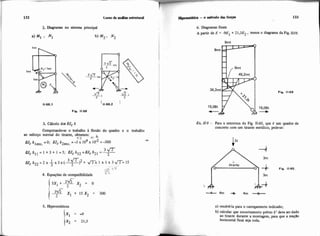 132 Luis0de ant4iae eshuturai
2. Magramas no sistema principal
a) M1 . N1 b) M2. N2
lmt
Imt
X2. 1
lmt
t d
4 7
- F t
& t
2
3. Cálculo dos Ele 6
Computandbse o trabalho à flexáo do quadro e o trabalho
ao esforço normal do tirante, obtemos:
F 3 4
t4.b
1
-O; Ele =-3 X 10 x 10-2 = -300El, 61enc. -
.>
4. Equações de wmpatibidade '5
-
~ h p ~ t i c a-o idtcdo das fo- 133
6. Diagramas finais
A partir de E = -9E1 + 21,3E2 , temos o diagrama da Fig. IM9.
Fia. li49
15.06t
.-)
Ex. 11-9 - Para a estrutura da Fig. 11-60. que 6 um quadro de
concreto w m um tirante metálico, pede-se:
Fip. 1160-
a) resolv&la para o carregamento indicado;
b) calcular que encurtamento prCvio 6' deve ser dado
ao tirante durante a montagem, para que a reaçxo
horizontal final seja nula.
 