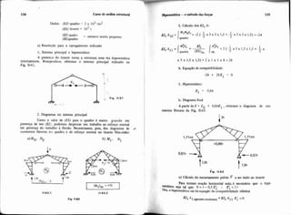 Ciuso de anáüsestrutural
Dados: (EJj quadro = 2 x 103 tm2
3(ESj tirante = 10 t
(Euquadro = número muito pequeno.
(ESIquadro
a) Resolução para o carregamento indicado
1. Sistema principal e hiperestático
A presenca do tirante toma a estrutura uma vez hiprestática
internamente. Rompndw, obtemos o sistema principal indicado na
Fig. 11-61. I
2. Diagramas no sistema principal
Como o ralor de (ES) para o quadro 4 muito grande eni
presença de seu (EJ;, podemos desprezar seu trabalho ao esforço normal
em presença do trabalho à flexão. Necessitamos, pois, dos diagramas de L
inomentos fletores n9 quadro e de esforço normal no tirante. Vimentão:
a)Mo. No b) Ml , N1
3. Cálculo dos U,6: 1
EYc610= IíMgs1 1
= - 2 ( - j ~ 3 ~ 3 ~1 , 5 t - ~ S ~ 3 ~ 1 , 5 ) = - 2 4
quadro 3
4. Equação de compatibilidade:
-24 t 28X, = O
5. Hiperestático:
Xl = 0,86
6. Diagrama final
A partir de E = E. t 0,86El , obtemos o diagrama de mc-
mentos fletores da Fig. 11-63.
tis. 11-83
a) Cáiculo do encurtamento prévio 8' a ser dado ao tirante
Para t e m reaçáo horizontal nula,& necessário que 0 hipe-
restatico seja tal aue: O = 1 - 0.5 X; :. X: = 2 t
&a, 0 hipekstátifosai da equa& de Eompatibhidade elástica
4'1 agentesexternos 'E/e 611 Xi = O
 
