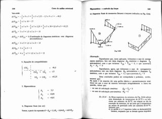 144 Cuno de anslisc estmturai
vem enw
2
~ . 1 6 ~ ~ = - ~ ~ 9 x 3 + - x 3 x 2 ~ 5 - 1 , 5 x 9 ~ 3 =3 -49.5
~ 6 ~ ~ =1 x 3 x 18 = 27
2
1 1~ x 3 x 9 - - x 3 x 2 , 2 5 + - x 3 x 1 8 + 1 ~ x 9 x 3 = 65.25
3 3 3
W612 = EJ613= O (Combinação de diagramas sim6tricos com diagramas
anti-sim6trims.)
EJ$2= 2 x 3 + 1 , 5 x 2 x 3 = 15
4. Equações de compatibilidade:
5. Hiperestáticos:
6. Diagramas finais (em mt)
Temos, a partir da expressãoE =E. +33E1 -084E2 -4.8263.
@-t4tiu-ométodods,f~ 145
a diagramas finais de momentos fietom e torçores indicados na Fig.11-83.
Obsewa@:
Suponhamos que, nesta aplicaç%o,tiv6ssemos o caso de carrega-
mento sim6trico. Isto nos daria diagrama M simétrico e diagrama To
mti-simétricõ, com o que teríamos 620 = 830= O, o que acarretaria
x2= x3 = o
Suponhamos, agora, que tiv6ssemos o caso de carregamento
anti&tnco; isto nos daria diagrama Mo anti-simétrica e diagrwa To
simétrico, com o que teríamos 610 = 0, O que acarretaria Xl = O
Estas conclusões podem ser extrapoladas e podemos, então,
escrever que:
Na seçãõ S de simetria (de uma grelha elástica e geometricamente sime-
'rica) em que o eixo de simetria intercepta ortogonalmente a barra em
questão, temos que:
- "O mso de solicitapio simém'crr: Qs = Ts= O
- no a s 0 de solicitapio anti-simétrica: Aís = O
Ex. 11-14- As fibras superiores da estrutura da Fig. 11-84sofrem
uma diminuição de temperatura de 10 OC e as infe-
riores um aumento de 30 OC, em relaçáo ao dia da
execução da estmtura, de t a sorte que a temperatura
no centro de gravidade sofre um aumento de10 'C.
Sabendo que:
a) os apoios A e F impedem todos os deslocamentos
lineares, enquanto que os demais apoios impedem
 