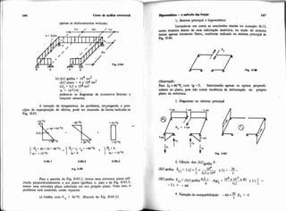 apenas os deslocamentos verticais;
4 2b) (EJ) grelha = 10 tm
(H)plano = 4 x 104 tm2
GJt = 0,s x l d l tm2
cu = 1D5/0C,
pedem-se os diagramas de momentos fletores. e
torçores atuantes.
A variação de temperatura do problema, empregando o prin-
cipio de superposiçáo de efeitos, pode ser encarada da forma indicada na
Fig. 11-85.
Para a parcela da Fig. 11-85.2, temos uma estrutura plana soli-
citada perpendicularmente a seu plano (grelha), e, para a da Fig. 11-85.3,
temos uma estrutura plana solicitada em seu próprio plano. Visto isto, 0
problema está resolvido, senão vejamos:
a) Grelha com h = 40 OC (Parcela da Fig. 11-85.2)
mpm&ica -0 d t o d odsforpi
1. Sistema principal e hipenstático
Levandesc em mnta as conclusões tiradas no exemplo 11-13,
a m o atamos diante de uma solicitação simétrica, na seção de simetria
te- apenas momento fletor, conforme indicado no sistema principal &
Fig. 11-86,
ObsmaçZo:
Para At =40OC, com tg =0, funcionaráo apenas os apoios perpendl-
culares ao plano, pois não e h t e tendência de deformação no próprio
plano da estmtura.
2. Diagramas no sistema principal
3. CálaJlo dos (,VIgretha 8 :
384. Equação de wmpatibilidade: -60t- X1= O
3
 