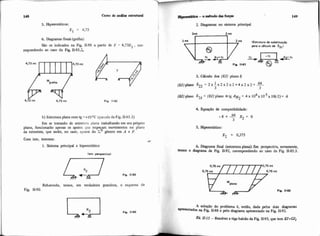 148 Cuno de m8is estmturai w p d U u -omctodo dasforps 149
6. Diagramasfinais(grelha)
São os indicados na Fig. 11-88 a partir de f? = 4,73E1 , cor-
respondendo ao caso da Fig. 11-85.2.
2. Diagramas no sistema principal
Zmt 2 mt
I
para o dleulo de 62t)
Fig II-91 0-
3. Cálculo dos (EJ) plano 6
4 5
plano = (Eljplano a t g AN = 4 x 10 x10- xlq-2)= -8
2
Fig 11.85
b) Estrutura plana com tg =+100C (parcela da Fig. 11.85.3)
Em se tratando de estrutura plana trabalhando em seu próprio
plano, funcionarão apenas os apoios que irnp"ç,am-movimentos no plano
da estrutura, que serão, no caso. apoios do 2. genero em A e F.
Com isto, teremos:
1. Sistema principal e hiperesthtico
Rebatendo, temos, em verdadeira grandeza, o esquema da
Fig. 11-90. I
4. Equaç%ode compatibilidade:
64- 8 + - X - 0
3 2 -
6. Diagrama final (estrutura plana): Em perspectiva, novamente,
OS o diagrama da Fig. 11-92, correspondendo ao caso da Fig. 11-85.3.
A solução do problema é, então, dada pelos dois diagnuips
a m t a d o s na Fig. 11-88e pelo diagrama apresentadona Fig. 11-92.
11-15- Resolver a viga balcão da Fig. 11-93.que tem W = q
 