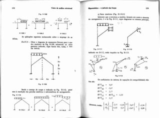 11-108.1 11-108.2 11-108.3
As aplicações seguintes esclarecerão mbre o emprego do ar-
tifício.
ExlI-I6 - Obter o diagrama de momentos fletores para o qua.
dro simétrico da Fig. 11-109, submetido ao carre-
gamento indiiado, cujas barras têm, todas, a me*
ma inércia.
Fip. 11-109
Sendo o arranjo de cargas o indicado na Fig. 11-110, passe
mos A resolução das parcelas simétrica e anti-~imdt~cade carregamento.
Fip. 11.110
n-n-J2,im
+
11-110.1 11-1103 VI-110.3
mpnditica-o método dasfoqm 159
a) Parte simétrica (Fig. 11-110.2)
Sabemos que a estrutura a resolver, levando em conta a simetria
do carregamento. 6 a da Fig. 11-11I, cujos diagramas no sistema principal,
Fio. II-111 Fip. 11.112
indicado em 11-112, estão traçados na Fig. 11-113.
Q coeficientes do sistema de equações de compatibilidadeelas-
oca Jão:
 