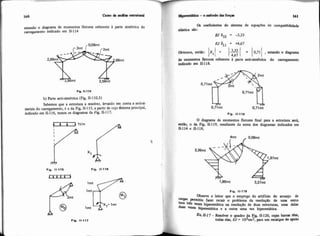 estando o diagrama de momentos fletores referente à parte simdtrica do
carregamento indicado em 11-114
b) Parte anti-simbtnca (Fig. 11-110.3)
Sabemos que a estrutura a resolver, levando em conta a antiai-
metna do carregamento, é a da Fig. 11-115. a partir de cujo dstema principal,
indicado em 11-116, temos os diagramas da Fig. 11-117.
Fio. 11-115 Fio. 11-116
ü a coeficientes do sistema de equaçóes de compatibilidade
elástica são:
El cSlO = -3.33
Obtemos, enth: /Xi =
14.67
= /0.71 / , estando o diagrama
de momentos fletores referente à pane anti-&t&a do carregamento
indicado em 11-118.
Fio. 11-118
O diigrama de momentos fletores final para a estrutura será,
mtzo, o da Fig. 11-119, resultante da soma dos diagramas indicados em
11.114 e 11-118.
Fig. 11-119
Observe o leitor que o emprego do artificio do arranjo de
pemiitiu fazer recair o problema da resoluçxo de uma estru
tura tres vezes h&restática na resolução de duas estruturas, uma delas
duas vezes hiperestática e a outra uma vez hiperestatica.
E.%11-17-Resolver o quadro da Fig, 11-120, ajas b- h,
todas elas, EJ = 1dtm2, para um reealque de apoio
 