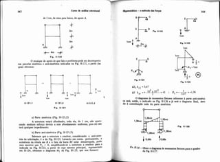 162 Cum de a n a i s estrutural
de 2 cm, de cima para baixo, do apoio A.
O recalque de apoio de que fala o problema pode ser decomposto
nas parcelas simétrica e anti-simetrica indicadas na Fig. 11-121, a partir das
quais obtemos:
= +
' I1E"!
T lc-737
lcm 4
Fiq. 11-121
a) Parte siméírica (Fig. 11-121.2)
A estrutura estará afundando, toda ela, de 1 cm, não apare-
cendo nenhum esforço devido a este afundamento uniforme, pois ele ná0
teri qualquer impedimento.
b) Parte anti-simétrica (Fig, 11-121.3)
Sabemos que a estrutura a resolver, considerando a anti-sime-
tna da solicitação. 6 a da Fig. 11.122. Levando em conta. previamente, a
existência da rótula em B e o fato da barra BC estar descarregada, pode
mos escrever que V, = 0, simplificand*se a estrutura a resolver para a
indicada na Fig. 11.123, a partir de cujo sistema principal, representado
em 11.124, obtemos o diagrama M1 da Fig. 11-125, que nos fornece:
~hpanttititiai-omCtodo das forp 163
I
X1 = l m t
-t
Fiq, 11-125
' --1.36
O diagrama de momentos fletores referente B parte anti-simétri-
ca será. então, o indicado na Fig, 11-126 e já será o diagrama final, devi-
do B wntribuição nula da parte simétrica.
Fiq. 11-12s
11-18-Obter o diagramade momentos fletons p a n o quadro
da Fig. 11-127.
 