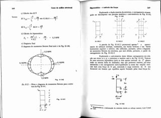 168 <hno&inPiaccstmhurl
1 w t i c a -o método dar f o r p 169
C) CáIcuIo dos EJ 6
Temos: PRmalo=-joF( ~ a b ) n d b=-- 2
nR61111 R d b =y
d) Cálculo do hiperestático
e) Diagrama fmal
O diagrama de momentos fletores fmal seri o da Fig. U-140.
I
' 0 , 3 1 8 ~ ~
Fip. 11.140
Er 11-21-Obter o diagrama de momentos fletores para a esw-
tura da Fig. 11-141.
Explorando a dupla simetria da estrutura, o canegamento atuante
ser decomposto nas parcelas simttrica e anti-simétrica da Fig. 11-142
Fio. 11-142
A parcela da Fig. 11-142.2 promoverá apenas 9 o apareci-
mento de esforços normais, constantes, nas barras verticais e nas barras
horizontais superior e inferior, não influindo, portanto, sobre o diagrama
de momentos fletores da estrutura, que será obtido, portanto, a partir do
carregamento da Fig. 11-142.3.
Explorando a anti-simetria deste Último canegamento em rela-
çgo aos eixos xx e jj, a estrutura a resolver será a da Fig. 11-143. Trata-se
de uma estrutura hipstática @ais os dois apoios verticais do I? gênero
estão na mesma linha de chamada), mas que podemos resolver, por estar
submetida a um carregamento autwquilibrado (a soma das reações verti-
cais dará uma força de 3t que, associada à carga existente de 31 nos
fornecerá um binário que equilibra aquele formado pelas duas forças ho-
' --nd*ae a defonna@o da estnitura devida no esforgo nomal, o que 6usualno cuo.
 