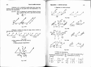 Conforme se vê, a nsoluçXo da greiha dada (cinco v e m hip-
Mitica) recaiu na resolução de uma grelha duas vezes hiperestitica e de
outra três vezes hiperntitica.
Ex. 11-24- Obter os diagramas de momentos fletonse torçores
para a grelha da Fi 11-161, cujar barras tEm,todas
elas,
= 2
G7;
Utilizando o artifício do arranjo de cargas,temos a resolver os
casos das Figs. 11-162.2 e 11-162.3.
~ i p .ti-raa
a) Parte simetria (caso da Fig. 11-162.2)
Temos:
1. Sistema principal e hiperestátic08
2 Diagramas no sistema principal
lmt
Fie 11-187
3- Cálculo dos hiperestáticos
I Calculados os valores dos EJb, a partir da expressão EJGii=
4comb'inação de Micom (wmbinação de Tiwm q),obtemos:
 