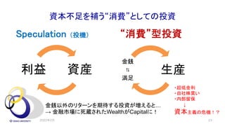 資本不足を補う“消費”としての投資
Speculation （投機）
生産
金銭
⇅
満足
“消費”型投資
23
資産
利益
金銭以外のリターンを期待する投資が増えると…
→ 金融市場に死蔵されたWealthがCapitalに！
・超低金利
・自社株買い
・内部留保
↓
資本主義の危機！？
2022年2月
 