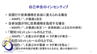自己申告のインセンティブ
• 自国だけ炭素価格を自由に変えられる場合
– 3000円／㌧が最適と仮定
• 全参加国が同じ炭素価格を負担する場合
– 8000円／㌧が最適と仮定 （← 炭素削減による正の外部性）
• 「個別コミット」ルールのもとでは、
– 3000円／㌧を選ぶのが最適 ⇒ タダ乗りが発生…
• 「共同コミット」ルールのもとでは、
– 8000円／㌧を選ぶのが最適 ⇒ タダ乗りを阻止！
• （自分の申告額が結果に影響を与えるのは、最小の場合だけ）
2022年2月 34
 