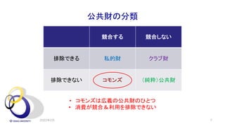 公共財の分類
2022年2月 7
競合する 競合しない
排除できる 私的財 クラブ財
排除できない コモンズ （純粋）公共財
• コモンズは広義の公共財のひとつ
• 消費が競合＆利用を排除できない
 