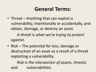 General Terms:
• Threat – Anything that can exploit a
vulnerability, intentionally or accidentally, and
obtain, damage, or destroy an asset.
A threat is what we’re trying to protect
against.
• Risk – The potential for loss, damage or
destruction of an asset as a result of a threat
exploiting a vulnerability.
Risk is the intersection of assets, threats,
and vulnerabilities.
 