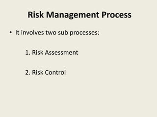 Risk Management Process
• It involves two sub processes:
1. Risk Assessment
2. Risk Control
 