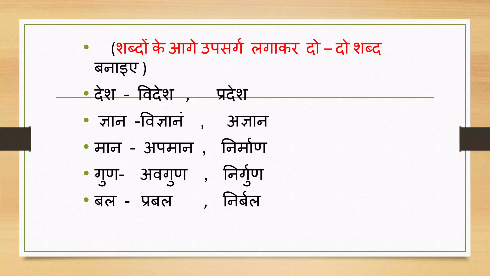 • (शब्दों के आर्े उपसर्ग लर्ाकर दो – दो शब्द
बनाइए )
• देश - विदेश , प्रदेश
• ज्ञान -विज्ञानिं , अज्ञान
• मान - अपमान , ननमागण
• र्ुण- अिर्ुण , ननर्ुगण
• बल - प्रबल , ननबगल
 