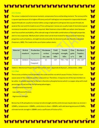29
3.3.2 Screw
The screw issubjectedto tensional moment,compressive force andbendingmoment.The screw profile
issquare type because of itshigherefficiencyandself-lockingbutnotcomparedto trapezoidal threads.
Square threadsare usuallyturnedonlathesusingasingle pointcuttingtool alsosquare threadsare
weakat the root and thisleadstouse of free cuttingsteel.Screwsare usuallymade of steelwhere great
resistance toweatherorcorrosionisrequired.Mostfastenersclose to90% use carbon steel because
steel hasexcellentworkability,offersabroadrange of attainable combinationsof strengthproperties
and itis lessexpensive.Mediumplaincarbonsteel canbe heattreatedforthe purpose of improving
propertiessuchashardness,strength(tensileandyield),the desiredresultsare therefore obtained
(Fasteners,2005).This leadstothe use of plaincarbonsteels.
Table3.2: MechanicalPropertiesof Plain carbon steel – Appendix B(Nyanja’s,18December, 2006)
3.3.3 Nut
There existsarelative motionbetweenthe screw andthe nutwhichcausesfriction,frictioninturn
causeswearof the material usedforscrew and nut.Therefore,itrequiresone of the twomembersto
be softer.A suitable material forthe nutistherefore phosphorbronze whichisacopperalloywithsmall
percentage of leadandhas the followingadvantages;
Goodcorrosionresistance.
Lowcoefficientof friction.
Hightensile strength.
Bronze has 0.2% phosphorto increase tensile strengthandthe yieldstressesmaybe takenas;tension=
125MPa, compression=150MPa, yieldstressinshear= 105MPa withsafe bearingpressure of 15MPa,
ultimate tensile strengthis190MPa anda coefficient of frictionof 0.1.
 