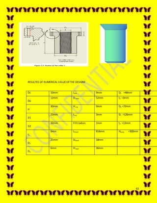 63
RESULTES OF NUMERICAL VALUE OFTHE DESIGNE
Dc 10mm LPIN 9mm D5 =48mm
Do
12mm D head 52mm t2 =3mm
H
30mm Hcup 9mm D6 =72mm
D1
23mm tcup 3mm D7 =126mm
D2
32mm Filitraduis 1mm t3 =12mm
t1
6mm Lhandl 814mm Hbody =300mm
D3
21mm Dhandl 18mm
D4
6mm Hhead 36mm
 