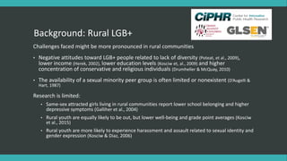 Background: Rural LGB+
Challenges faced might be more pronounced in rural communities
• Negative attitudes toward LGB+ people related to lack of diversity (Poteat, et al., 2009),
lower income (Herek, 2002), lower education levels (Kosciw et, al., 2009) and higher
concentration of conservative and religious individuals (Drumheller & McQuay, 2010)
• The availability of a sexual minority peer group is often limited or nonexistent (D’Augelli &
Hart, 1987)
Research is limited:
• Same-sex attracted girls living in rural communities report lower school belonging and higher
depressive symptoms (Galliher et al., 2004)
• Rural youth are equally likely to be out, but lower well-being and grade point averages (Kosciw
et al., 2015)
• Rural youth are more likely to experience harassment and assault related to sexual identity and
gender expression (Kosciw & Diaz, 2006)
 