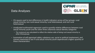 Data Analyses
• Chi-square used to test differences in health indicators across all four groups: rural
sexual minority, non-rural sexual minority, rural heterosexual, and non-rural
heterosexual
• Unadjusted multinomial regression used to quantify relative differences between rural
sexual minority youth and the other three urbanicity-sexual identity categories
• The reciprocal was calculated to reflect the relative odds of being rural sexual minority vs
other three groups
• Summation of self-appraised safety, substance use, social or political involvement, and
outness examined to see if rural sexual minority youth experienced a higher quantity of
these characteristics
 