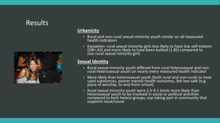 Results
Urbanicity
• Rural and non-rural sexual minority youth similar on all measured
health indicators
• Exception: rural sexual minority girls less likely to have low self-esteem
(OR=.63) and more likely to have been bullied (1.85) compared to
non-rural sexual minority girls
Sexual Identity
• Rural sexual minority youth differed from rural heterosexual and non-
rural heterosexual youth on nearly every measured health indicator
• More likely than heterosexual youth (both rural and non-rural) to have
used substances, poorer mental health outcomes, felt less safe (e.g.
place of worship, to-and-from school)
• Rural sexual minority youth were 2.5-9.1 times more likely than
heterosexual youth to be involved in social or political activities
compared to both hetero groups; esp taking part in community that
supports issue/cause
 