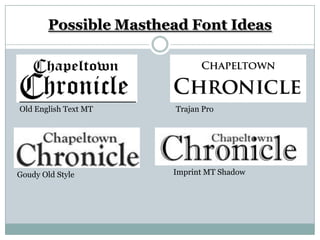 Possible Masthead Font Ideas




Old English Text MT    Trajan Pro




Goudy Old Style        Imprint MT Shadow
 