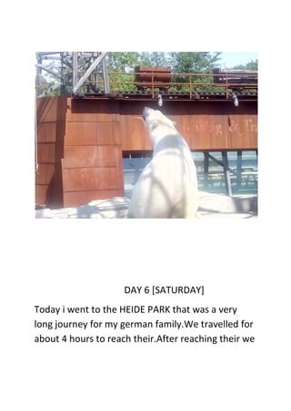DAY 6 [SATURDAY]
Today i went to the HEIDE PARK that was a very
long journey for my german family.We travelled for
about 4 hours to reach their.After reaching their we
 