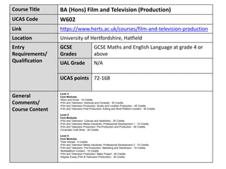 Course Title BA (Hons) Film and Television (Production)
UCAS Code W602
Link https://www.herts.ac.uk/courses/film-and-television-production
Location University of Hertfordshire, Hatfield
Entry
Requirements/
Qualification
GCSE
Grades
GCSE Maths and English Language at grade 4 or
above
UAL Grade N/A
UCAS points 72-168
General
Comments/
Course Content
Level 4
Core Modules
•Story and Script - 15 Credits
•Film and Television: Histories and Contexts - 30 Credits
•Film and Television Production: Studio and Location Production - 45 Credits
•Film and Television Post-Production: Editing and Multi-Platform Content - 30 Credits
Level 5
Core Modules
•Film and Television: Cultures and Aesthetics - 30 Credits
•Film and Television Media Industries: Professional Development 1 - 15 Credits
•Film and Television Production: Pre-Production and Production - 45 Credits
•Cinematic Craft Skills - 30 Credits
Level 6
Core Modules
•Year Abroad - 0 Credits
•Film and Television Media Industries: Professional Development 2 - 15 Credits
•Film and Television: Pre-Production, Marketing and Distribution - 15 Credits
•Multiplatform Content - 15 Credits
•Film and Television Production: Major Project - 45 Credits
•Degree Essay (Film & Television Production) - 30 Credits
 