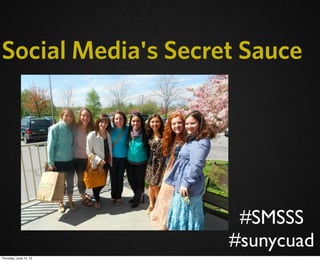 Social Media's Secret Sauce




                         #SMSSS
                        #sunycuad
Thursday, June 14, 12
 