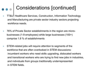 Considerations [continued]
   TT&U, Healthcare Services, Construction, Information Technology
    and Manufacturing are private sector industry sectors projecting
     workforce needs.

   76% of Private Sector establishments in the region are micro-
    businesses (1-9 employees) while large businesses (100+)
    comprise 1.8 % of establishments

   STEM-related jobs will require attention to segments of the
    workforce that are often overlooked in STEM discussions:
     incumbent workers who need skills upgrading, dislocated workers
    and transitional workers who are trying to find new jobs in industries,
    and individuals from groups traditionally underrepresented
    in STEM fields.
 