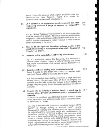 "60r6       d"d
     '.il'-. ..-, o.                                             o ' ri
                                               ^^' o 3
                              glven AND olherfaclo(s)
                                                                              'o
     e& a;ations ol lhe
     rd + constucts an €xplanation which considers the inte'                         [11
                                      i
     ii"ir.i"Jili-iit,j"" *.se oteasons or comparaiive                               121




     p. tA L4D'lPa ata'dt^tlor "_q"ni pnos h"rJa qt
     , ,; t;, :;,;L: ...n.. a .- t ,
       ",                         .              o t-t. : lrtb to
     -".,i"i.,".-.",.*,px,         r''he^P Gno -nPo *t tb
            ;"i       .."'-^.4 a
     :;:;;dtshaman! h lhe sacielt
     crcale

     How far do vou aqr.o thar lostering a natonalidenlitv
                                                           ic lhe
     .i'".'i.JirJ"ri," i"    *ii ;-'q.
                                   erhnlc drve*rrv ia sinoapo'e1                    lr rl


L1   Answ.6        on thetopic, but notaddr€ssing the            qlestion            t1-2],


      e.' t. a httt.-hn: a.d) tle 1n'cpo ' :d'lrtt r't
                                             r 'r'40aFd^ lo
                     .,'.'". ha nq o '.to aI           "3Lt'
      ",i-"r" '".,a


L2    Desc be" national idenlilv ANDTOR anolher                 laclorrsl                   4l
            r        r.' o " 'i ro      11a1s or dloll'"r                     a(o
      ^--'"bed-,'r' additonalmaris-"fo. dela Ls g ven
      desc     Award

      .. fn.te aP'nan '""h.t he gaqr4 n toooe ' r "o '
      ;";.,,,, :.."" ,-a"po . -; . a;"
       "i^."i,      t' u               n"rcnat "htl"F t" nno thP
                         'r; r'enq tne
      ,iiii" )ii-i"nii'pang i ti" rtasraisins cetenonv ih srh'ois
                  "

                               lostennq a nalion.l LdeniLly a good wav ro              5 7l
                              diversity OR olh.r methods lo ranage e!hnrc

                                have va d contexlual supporl. Award 5 ma s
                                and addillona marks torany slppodng delai

                                                    6tn ;
       -.o ore    r.- er au qa - rba daaD o 'a1'aP dt oto
                        o,
                           D a'9 d dla'- ide'hl
        .*"a:dea^ ' /.,1li tut
       ,i.-ii."-'".n- i-,nq eo.-oo"-"oo"' o"n o'"
                              'oo
       ;;.;;.;.;'."                   , -F a-s
                                               "n"u" rttt
       '.:,,;i,,; ";"-..." "o1i .tp^- '"'aa. s na"Da """ r' '
        i-i". i. *"*' " *n. ,r"
            a.t, ..d t atana. p
       tn t,t
       t;;., .a"p..-""                                     oo       a'aab ,'da'
       r   e;ptc   .l   dtte@nt ba.l q    aDna    tllue   and @xttan
 