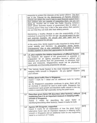 ffine                                     senior citizen.s.   Tle fir:t

i#nts    cm6btain the iioirt's help to seek financial stlppoft from
1i;;;hitAre; who ;l; Apabte of s.uppPrtino t!1iem'-b!t-a!e-n-ol
;iffie                                     Pubtic Housing scheme
ffitn*"         fist-time buyers of government flats to.obtain a
                                                           parents
 hiutsing grant if they buy a flat in the area where their
live soi that they can look after their elderly parents'

Maintaining a heatthy tifestyte is also the responsibility .of
                                                               the
                                                           his diet
inJiriiiil k preparing for their otd age. He sh7uld watch and be
iJ   exercise iequlirlv. He should also plan earlv


At the same time, family suppott is also important to bring.about
                              '.
social stabitity and harmony. To strenqth.en famil v - Do-ngs'
                                       strenqthen tam

     ilies toqether to show thet a

@nce                                     of different factors
 'm*rrir,
Egj           the support of the government is es,sential^ in
ieparation for an Ageing population because without any
"ii[iiii arnd policieslroi tlhe gove,nment, to introduce
                                                          their
 tiws ana measures, Singaporians woutd not be physically'

                                                                     in
 @importantmeasure                                 agree?
 t<eeping tramc smooth in Singapore" Do you
                                                                Explain



 Writes about traffic flow in Singapore.
 Award 1 mark for 1 detail and an additional mark for further
 details.
 ig.- As Singapore's population continues to grow, there will be
 2", in"r"r"6 in aem'ana for land to buitd roads. Singapore has
 e,xpirienceA rapid growth and therefore traffic volume in the city
  centre is especialty high especiatly during the peak hours'

 @es                                      other factor(s), without
               -now
 exptaining         it is an important measure in keeping traffic
 smooth in SingaPore.
 Award     s   mirlis for describing the given factor or
 identifying/describing other facto(s). Award 4 marks for both'

  Agrees OR Disagrees, suPPorted.
                    -for
  n-irio s marks         an explanation of how the given factor/
  uii"inutiu" factor was an important measure in keeping traffic
  .r"otn in Singapore and an additional mark for any supporting
  detail to a maximum of 7 marks
 