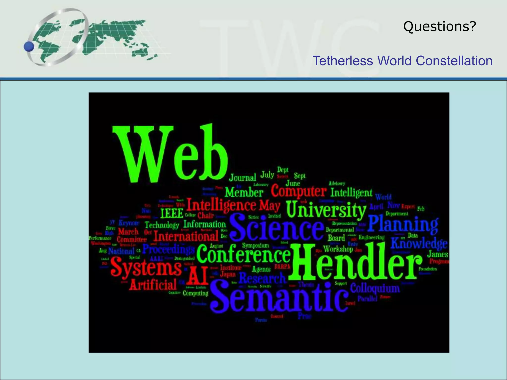 Research ChallengesWho are the "experts"What level of expertise is needed to become "dangerous" with this new technology?What is the "ecosystem" (what is the equivalent of Web developer/web master/web user?) If more and more of what we see includes integrated data from multiple sources, will that change the trust modelsDo we need to expose provenance? Will "provider" model be changed? Formal vs. informal models of ontologyI didn't discuss "folksonomy" but a key aspect is "social context" (Hendler & Golbeck, 08)Can social contexts use 