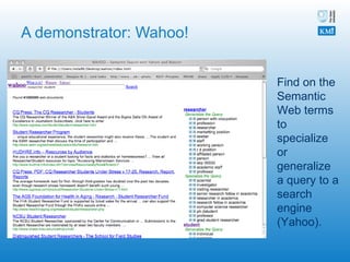 A demonstrator: Wahoo! Find on the Semantic Web terms to specialize or generalize a query to a search engine (Yahoo). 