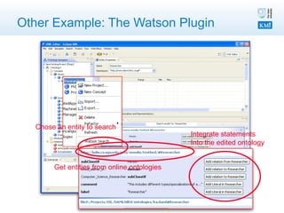 Other Example: The Watson Plugin Chose an entity to search Get entities from online ontologies Integrate statements  Into the edited ontology 
