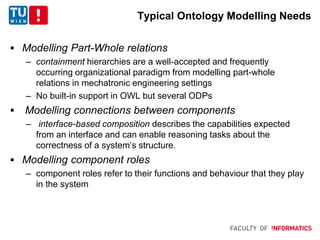 Typical Ontology Modelling Needs
 Modelling Part-Whole relations
– containment hierarchies are a well-accepted and frequently
occurring organizational paradigm from modelling part-whole
relations in mechatronic engineering settings
– No built-in support in OWL but several ODPs
 Modelling connections between components
– interface-based composition describes the capabilities expected
from an interface and can enable reasoning tasks about the
correctness of a system’s structure.
 Modelling component roles
– component roles refer to their functions and behaviour that they play
in the system
 