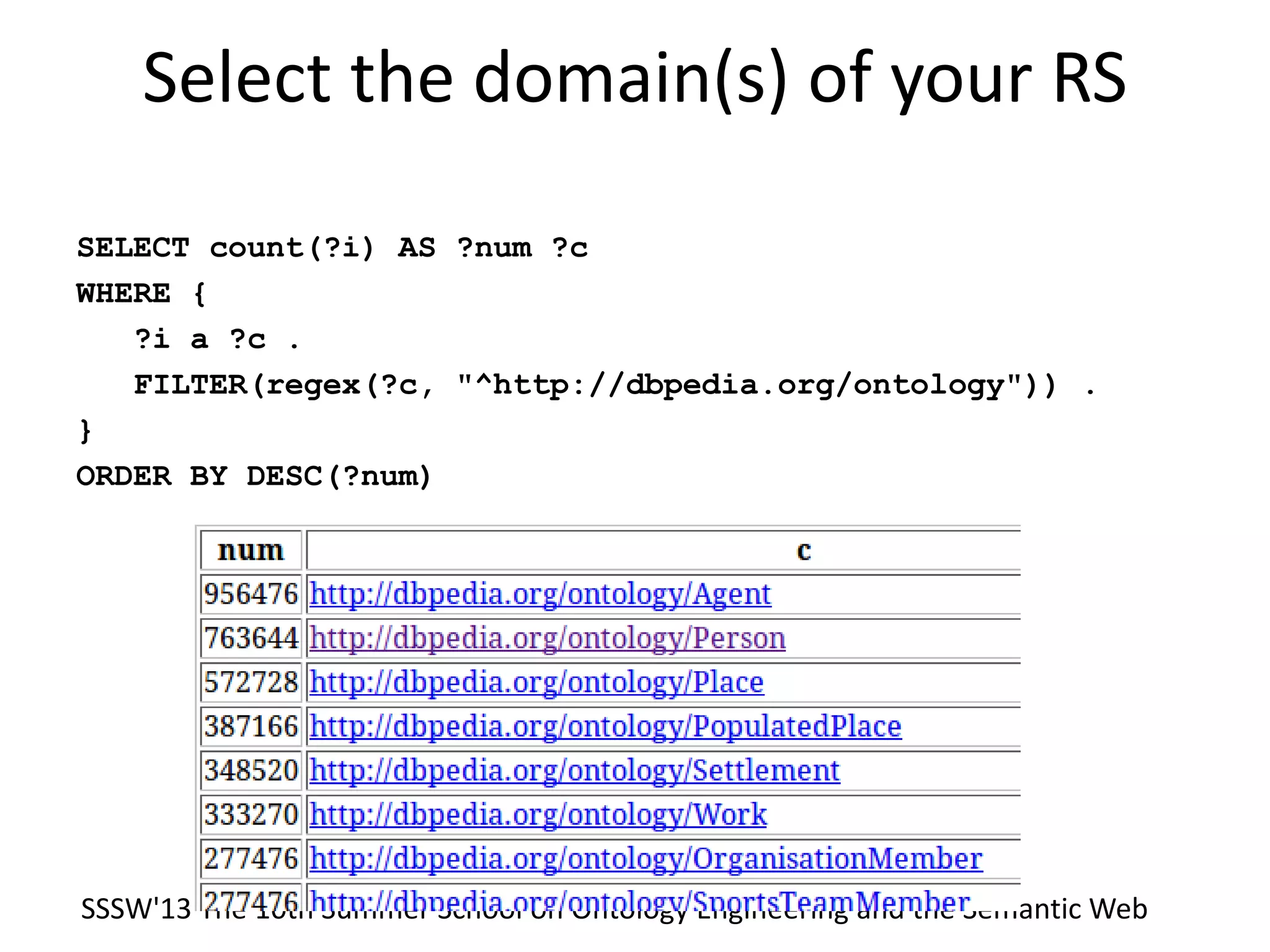 Select the domain(s) of your RS
SELECT count(?i) AS ?num ?c
WHERE {
?i a ?c .
FILTER(regex(?c, "^http://dbpedia.org/ontology")) .
}
ORDER BY DESC(?num)
SSSW'13 The 10th Summer School on Ontology Engineering and the Semantic Web
 