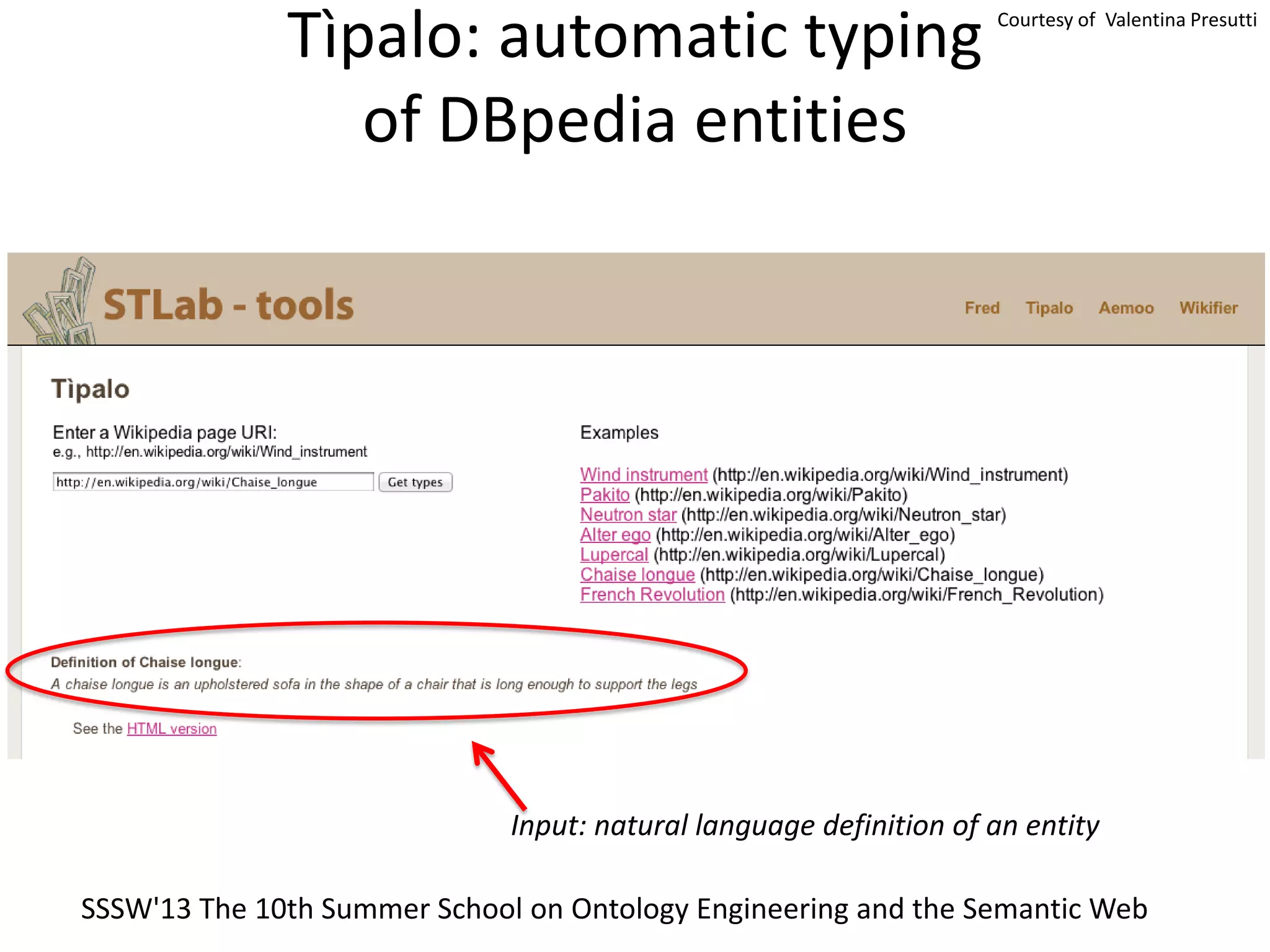Tìpalo: automatic typing
of DBpedia entities
Input: natural language definition of an entity
SSSW'13 The 10th Summer School on Ontology Engineering and the Semantic Web
Courtesy of Valentina Presutti
 