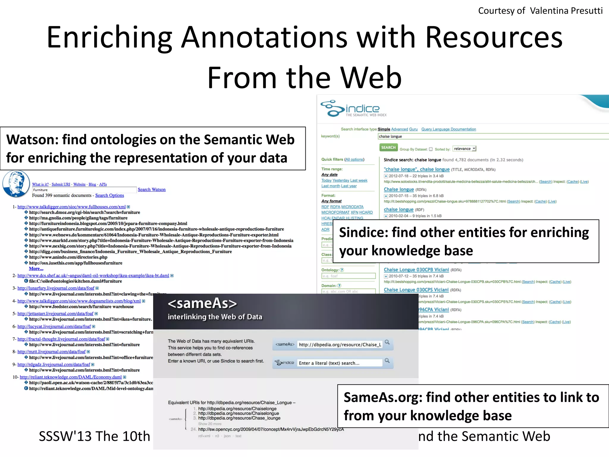 Enriching Annotations with Resources
From the Web
Watson: find ontologies on the Semantic Web
for enriching the representation of your data
Sindice: find other entities for enriching
your knowledge base
SSSW'13 The 10th Summer School on Ontology Engineering and the Semantic Web
SameAs.org: find other entities to link to
from your knowledge base
Courtesy of Valentina Presutti
 