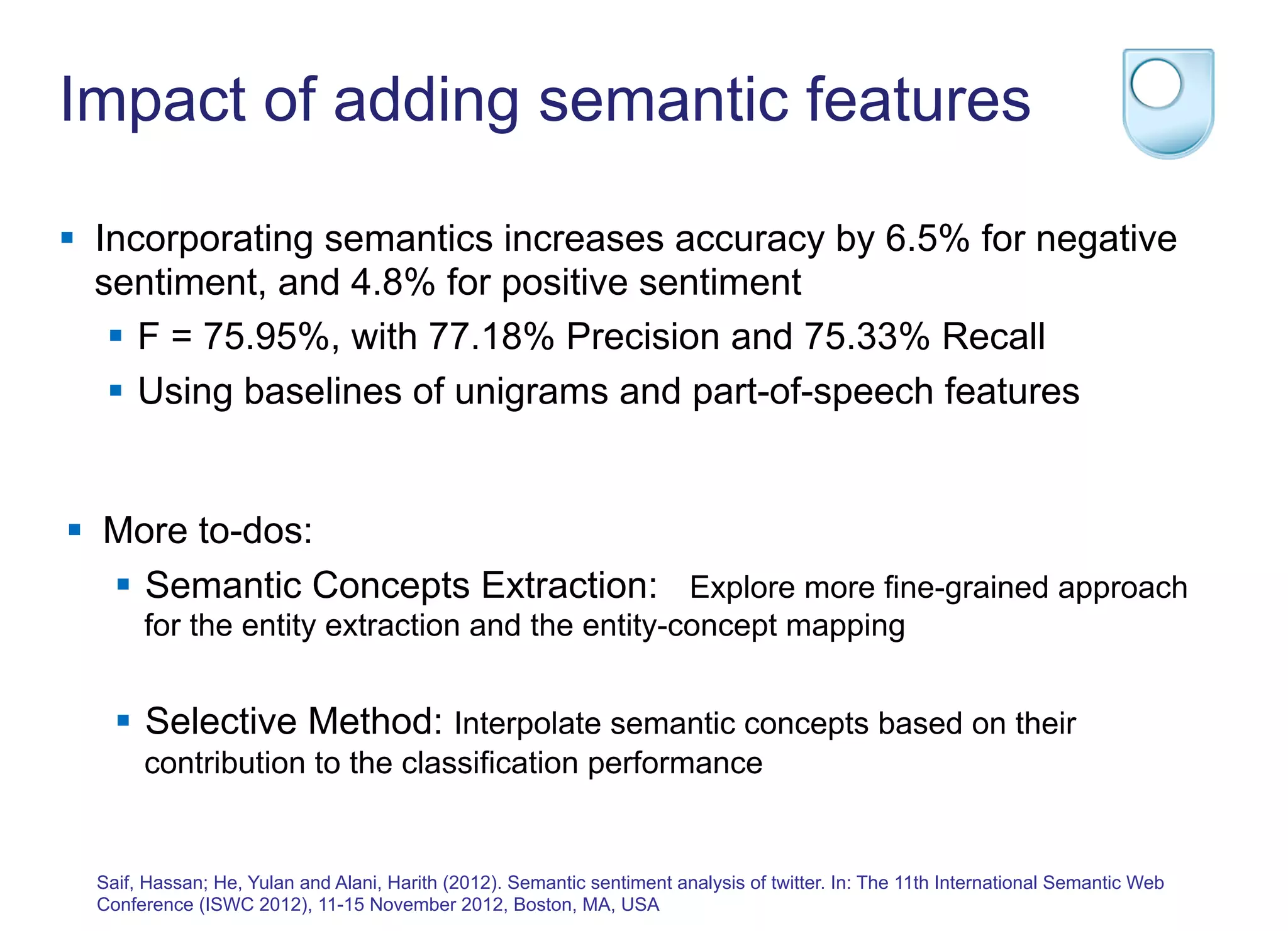 Impact of adding semantic features
§  Incorporating semantics increases accuracy by 6.5% for negative
sentiment, and 4.8% for positive sentiment
§  F = 75.95%, with 77.18% Precision and 75.33% Recall
§  Using baselines of unigrams and part-of-speech features
§  More to-dos:
§  Semantic Concepts Extraction: Explore more fine-grained approach
for the entity extraction and the entity-concept mapping
§  Selective Method: Interpolate semantic concepts based on their
contribution to the classification performance
Saif, Hassan; He, Yulan and Alani, Harith (2012). Semantic sentiment analysis of twitter. In: The 11th International Semantic Web
Conference (ISWC 2012), 11-15 November 2012, Boston, MA, USA
 