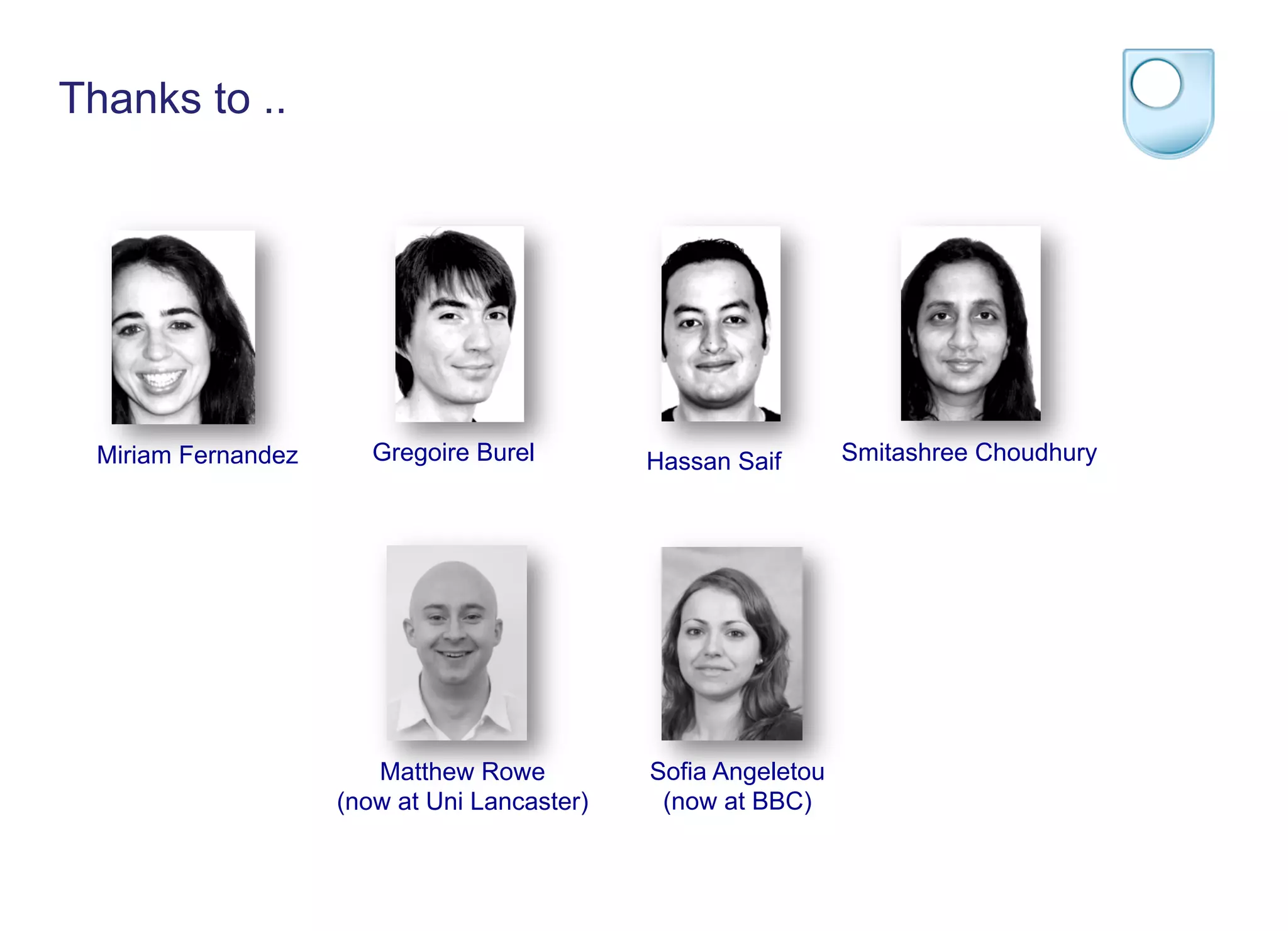 Thanks to ..
Matthew Rowe
(now at Uni Lancaster)
Sofia Angeletou
(now at BBC)
Gregoire BurelMiriam Fernandez Smitashree ChoudhuryHassan Saif
 