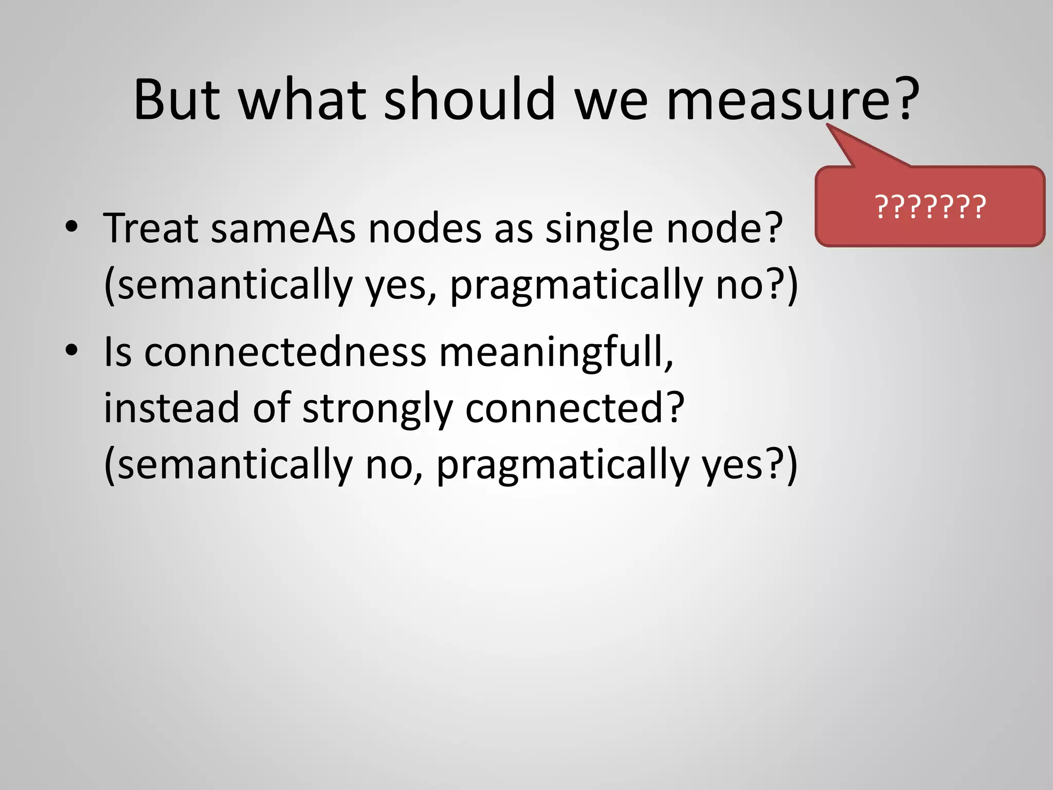 What is this picture telling us?
• single connected component
• Dense clusters with sparse interconnections
• connectivity depends on a few nodes
• the degree distribution
is highly skewed,
• its structure varies
between aggregation levels.
 