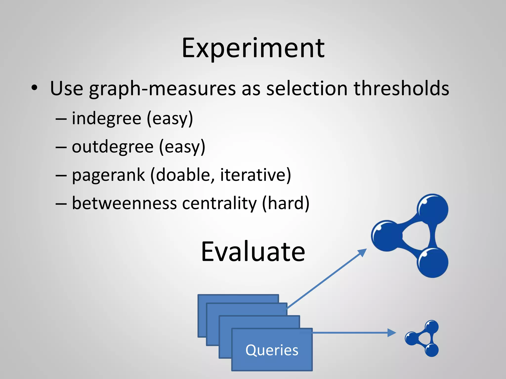 And what are “good” values?
• Degree distribution should be powerlaw?
(robust against random decay)
• Local clustering coefficient should be high?
(strongly connected “topics”)
• Betweenness impact of a sameAs-link
should be high?
(adds much extra information)
???????
 