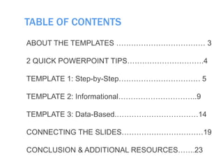 TABLE OF CONTENTS
ABOUT THE TEMPLATES ……………………………… 3
2 QUICK POWERPOINT TIPS………………………….4
TEMPLATE 1: Step-by-Step…………………………… 5
TEMPLATE 2: Informational…………………………..9
TEMPLATE 3: Data-Based.……………………………14
CONNECTING THE SLIDES……………………………19
CONCLUSION & ADDITIONAL RESOURCES…….23
 