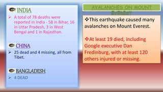 INDIA
 A total of 78 deaths were
reported in India - 58 in Bihar, 16
in Uttar Pradesh, 3 in West
Bengal and 1 in Rajasthan.
CHINA
 25 dead and 4 missing, all from
Tibet.
BANGLADESH
 4 DEAD
AVALANCHES ON MOUNT
EVEREST
This earthquake caused many
avalanches on Mount Everest.
At least 19 died, including
Google executive Dan
Fredinburg, with at least 120
others injured or missing.
 