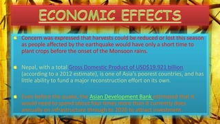 Concern was expressed that harvests could be reduced or lost this season
as people affected by the earthquake would have only a short time to
plant crops before the onset of the Monsoon rains.
Nepal, with a total Gross Domestic Product of USD$19.921 billion
(according to a 2012 estimate), is one of Asia's poorest countries, and has
little ability to fund a major reconstruction effort on its own.
Even before the quake, the Asian Development Bank estimated that it
would need to spend about four times more than it currently does
annually on infrastructure through to 2020 to attract investment.
 