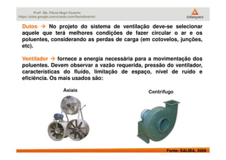 Profª. Ms. Flávia Negri Favarim
https://sites.google.com/a/aedu.com/flaviafavarim/
Dutos No projeto do sistema de ventilação deve-se selecionar
aquele que terá melhores condições de fazer circular o ar e os
poluentes, considerando as perdas de carga (em cotovelos, junções,
etc).
Ventilador fornece a energia necessária para a movimentação dos
poluentes. Devem observar a vazão requerida, pressão do ventilador,
características do fluído, limitação de espaço, nível de ruído e
eficiência. Os mais usados são:
Fonte: SALIBA, 2009
eficiência. Os mais usados são:
Axiais Centrífugo
 