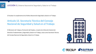 l) Fiscalizar el cumplimiento de la Política Nacional de Seguridad y Salud en el Trabajo.
Artículo 12. Secretaría Técnica del Consejo
Nacional de Seguridad y Salud en el Trabajo
El Ministerio de Trabajo y Promoción del Empleo, a través de la Dirección General de
Derechos Fundamentales y Seguridad y Salud en el Trabajo, actúa como Secretaría Técnica
del Consejo Nacional de Seguridad y Salud en el Trabajo.
LECCIÓN 3 | Sistema Nacional de Seguridad y Salud en el Trabajo
 
