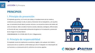LECCIÓN 1 | Principios
PRINCIPIOS
I. Principio de prevención
El empleador garantiza, en el centro de trabajo, el establecimiento de los medios y
condiciones que protejan la vida, la salud y el bienestar de los trabajadores, y de aquellos
que, no teniendo vínculo laboral, prestan servicios o se encuentran dentro del ámbito del
centro de labores. Debe considerar factores sociales, laborales y biológicos, diferenciados
en función del sexo, incorporando la dimensión de género en la evaluación y prevención
de los riesgos en la salud laboral.
CONCORDANCIAS: D.S. Nº 005-2012-TR, Art. 2 (Reglamento).
II. Principio de responsabilidad
El empleador asume las implicancias económicas, legales y de cualquier otra índole a
consecuencia de un accidente o enfermedad que sufra el trabajador en el desempeño de
sus funciones o a consecuencia de él, conforme a las normas vigentes.
 