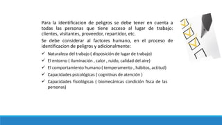 Para la identificacion de peligros se debe tener en cuenta a
todas las personas que tiene acceso al lugar de trabajo:
clientes, visitantes, proveedor, repartidor, etc.
Se debe considerar al factores humano, en el proceso de
identificacion de peligros y adicionalmente:
 Naturaleza del trabajo ( disposición de lugar de trabajo)
 El entorno ( iluminación , calor , ruido, calidad del aire)
 El comportamiento humano ( temperamento , hábitos, actitud)
 Capacidades psicológicas ( cognitivas de atención )
 Capacidades fisiológicas ( biomecánicas condición fisca de las
personas)
 