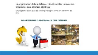 Un programa es un plan de acción para lograr todos los objetivos de
SST.
La organización debe establecer , implementar y mantener
programas para alcanzar objetivos.
 