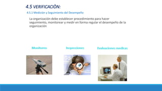 La organización debe establecer procedimiento para hacer
seguimiento, monitorear y medir en forma regular el desempeño de la
organización
4.5 VERIFICACIÒN:
4.5.1 Medición y Seguimiento del Desempeño
 