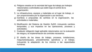 e) Peligros creados en la vecindad del lugar de trabajo por trabajos
relacionados a actividades que estén bajo el control de la
organización;
f) La infraestructura, equipos y materiales en el lugar de trabajo, si
son proporcionados por la organización o por terceros;
g) Cambios o propuestas de cambios en la organización, las
actividades o materiales;
h) Modificación del Sistema de Gestión SySO, incluyendo cambios
temporales, y sus impactos en las operaciones, procesos y
actividades;
i) Cualquier obligación legal aplicable relacionados con la evaluación
de riesgos y la implementación de controles necesarios.
j) El diseño de las áreas de trabajo, procesos, instalaciones,
maquinaria/equipos, procedimientos operativos y el trabajo,
incluyendo la adaptación de los mismos a las capacidades
humanas.
 