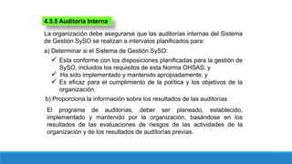 4.5.5 Auditoría Interna
La organización debe asegurarse que las auditorías internas del Sistema
de Gestión SySO se realizan a intervalos planificados para:
a) Determinar si el Sistema de Gestión SySO:
 Esta conforme con los disposiciones planificadas para la gestión de
SySO, incluidos los requisitos de esta Norma OHSAS; y
 Ha sido implementado y mantenido apropiadamente; y
 Es eficaz para el cumplimiento de la política y los objetivos de la
organización.
b) Proporciona la información sobre los resultados de las auditorías
El programa de auditorías, deber ser planeado, establecido,
implementado y mantenido por la organización, basándose en los
resultados de las evaluaciones de riesgos de las actividades de la
organización y de los resultados de auditorías previas.
 